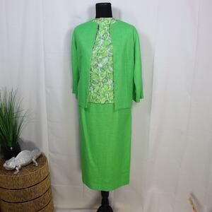 Vintage 1960s Green 3-Piece Skirt Suit Set Floral Top Jacket